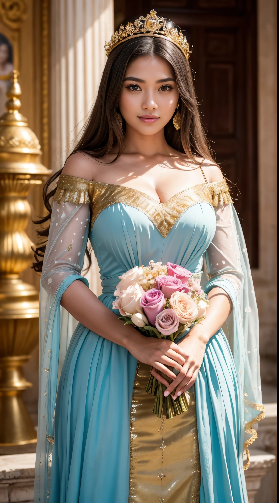 (Masterpiece:1.3), (8K, Photorealistic, RAW photo, Best Quality: 1.4), malay, Beautiful Face, (Realistic Face), (Medium Hair:1.3), Beautiful Hairstyle, Realistic Eyes, Beautiful Eyes, big breast, Malay woman, queen and master in all pink and gold, beautiful with flower crown and beautiful pink dress, 25 years old, smiling, appearing from head to toe, Ruler of the Colony of Light, City of light and power, Image must appearing from head to toe, in a kingdom, Castelo das Flores, she had to stand with a bunch of flowers pictured all over her body