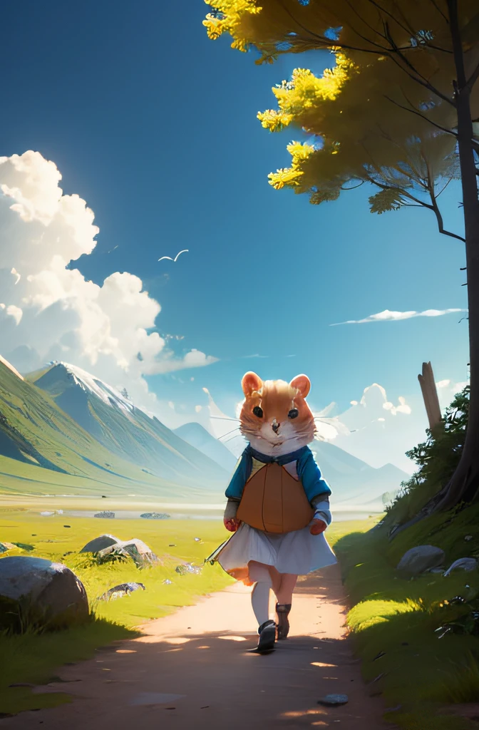 A hamster，Explorers dressed up，walking in the wild，in style of hayao miyazaki，tmasterpiece
