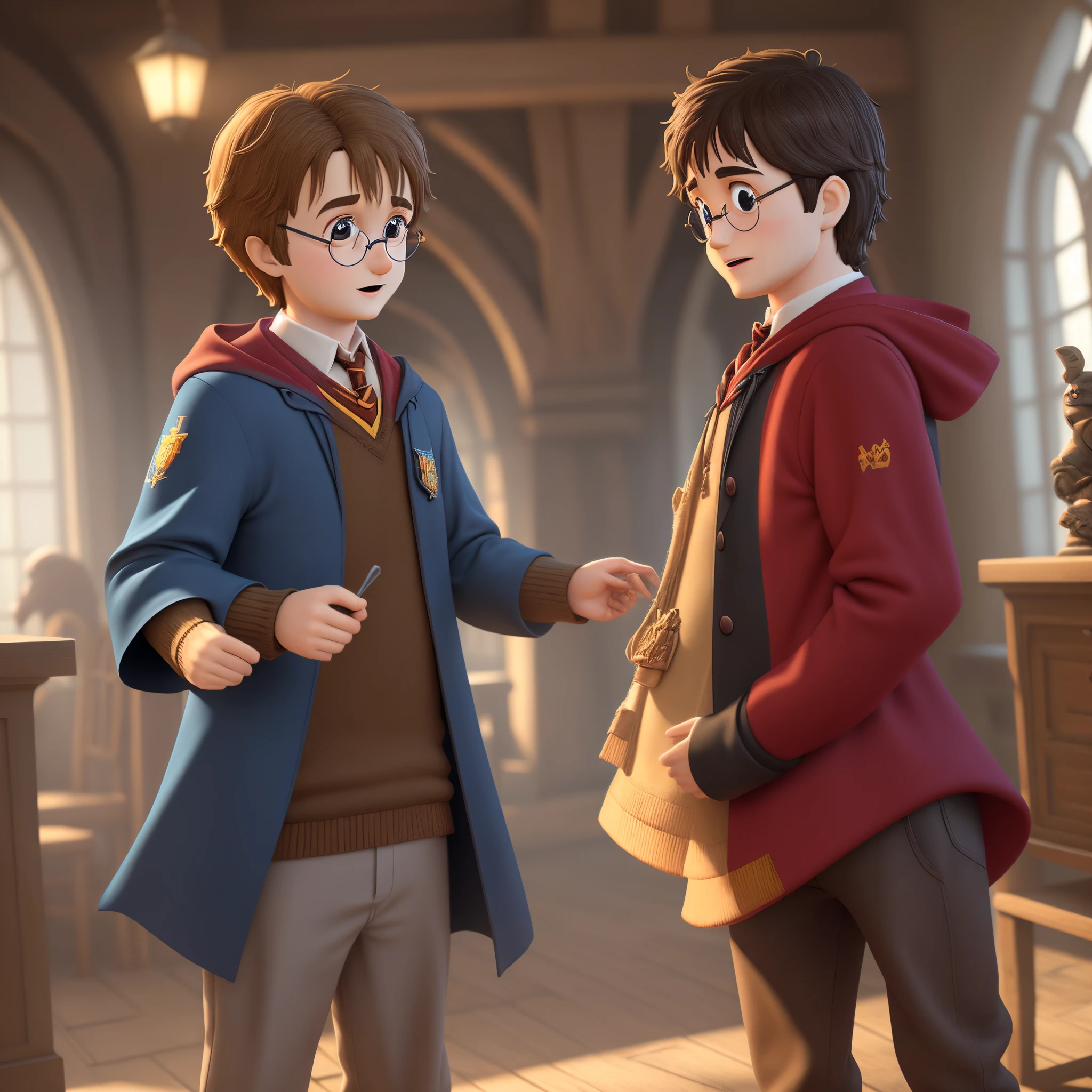 Harry potter style 3d Pixar, avec des accessoire avec fond en rapport avec poudlard