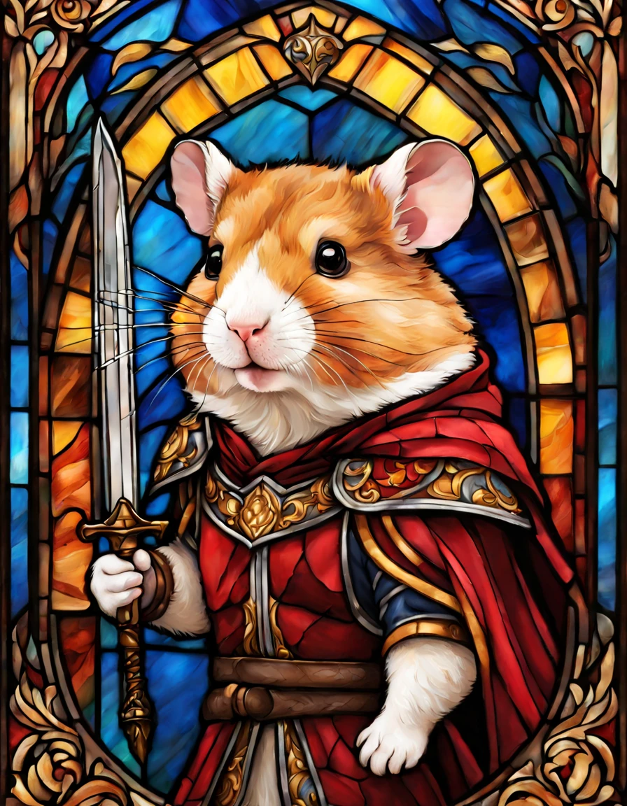 Stained Glass Portrait, (solo:1.3), (stunning legendary hamster hero), adorned in a majestic cape and (wielding a sharp sword), capture the spirit of bravery and resilience, with dynamic patterns representing the hero's unwavering determination, extraordinary courage and incredible adventures of our hamster hero, (rosy ornate)