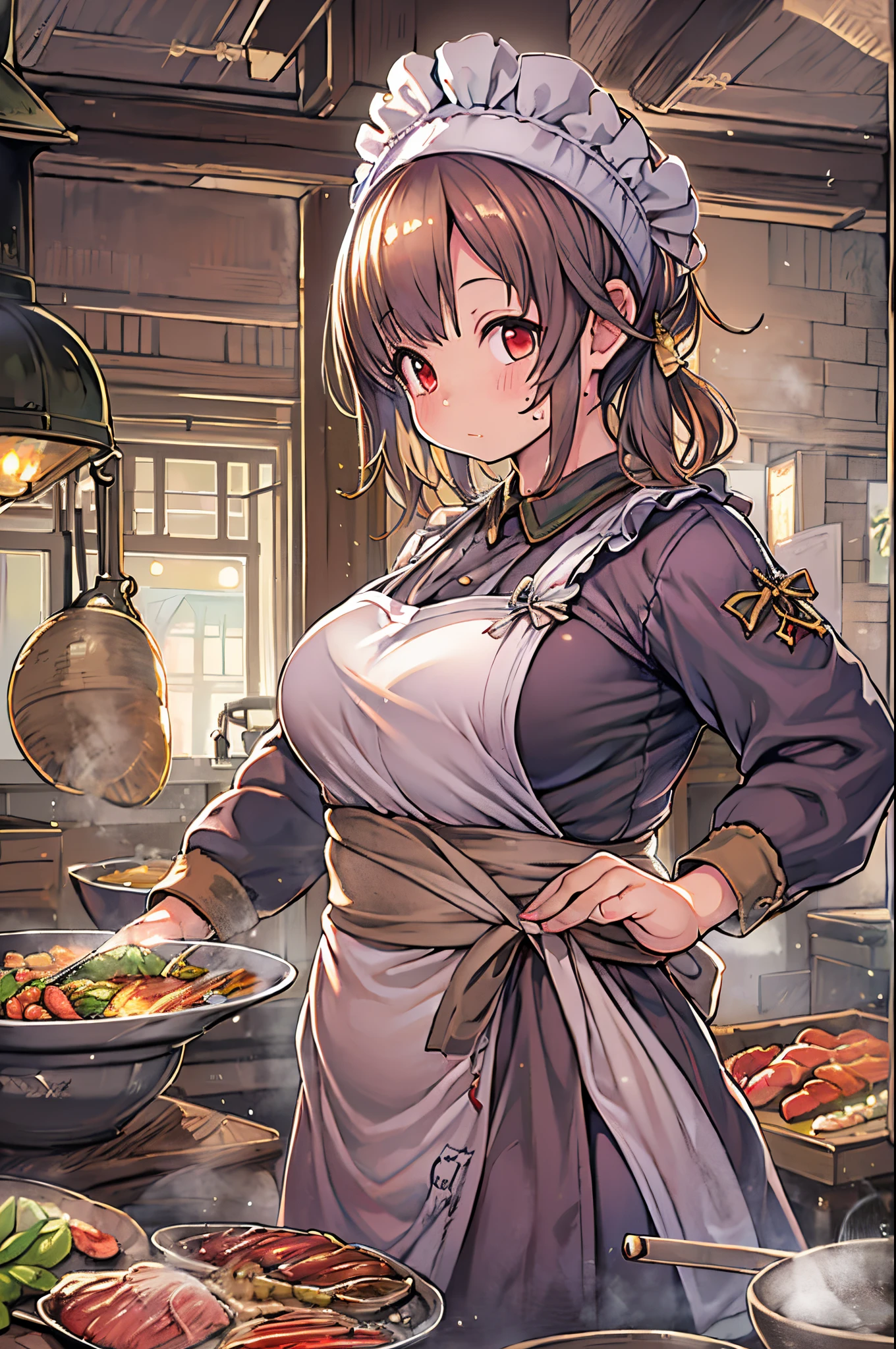 WRC style, Woman, lewd pose, The appearance of a seductive appearance, Apron, kitchin, medieval setting、bbw、grill yakiniku