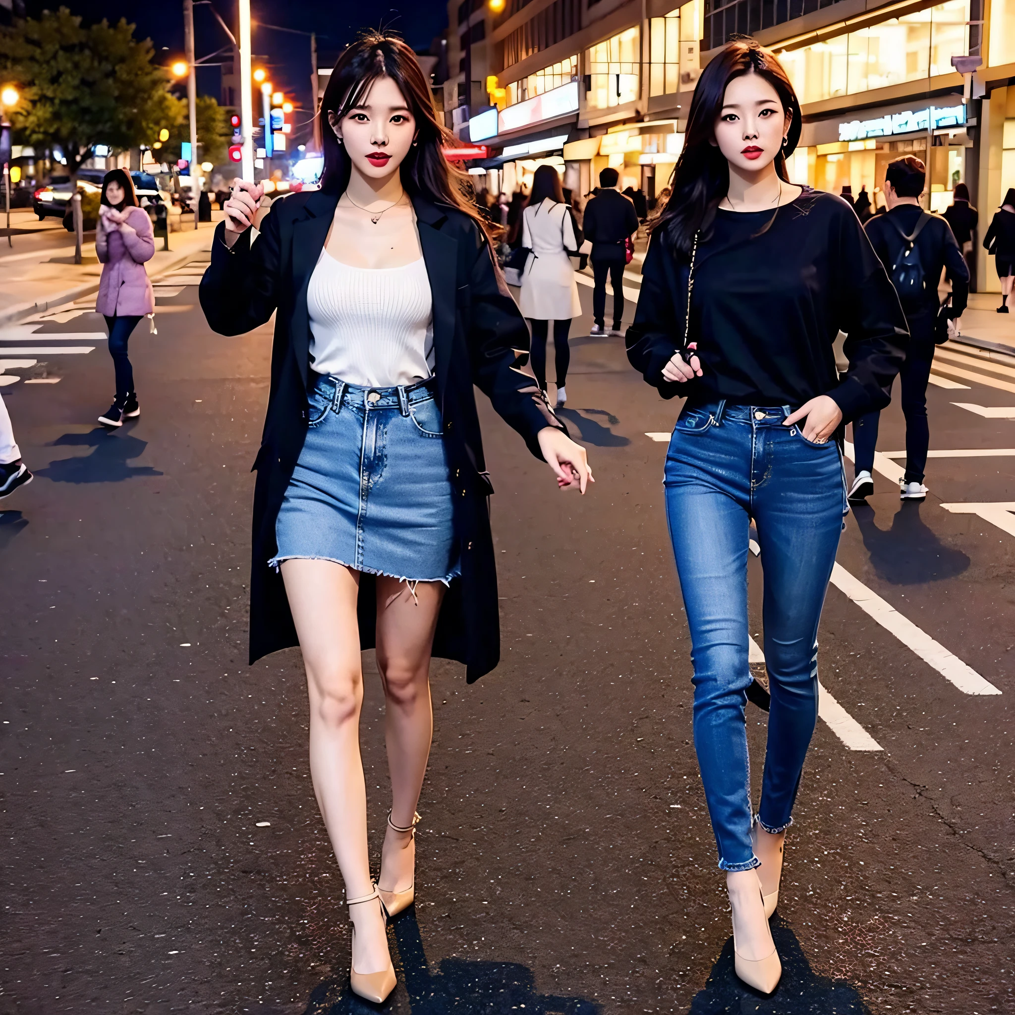 Pretty Korean idol girl wearing sexy clothes with jeans concept and captivating everyone in the city, cinematography, city spotlight,Standing, as far as possible, Full-body photograph,