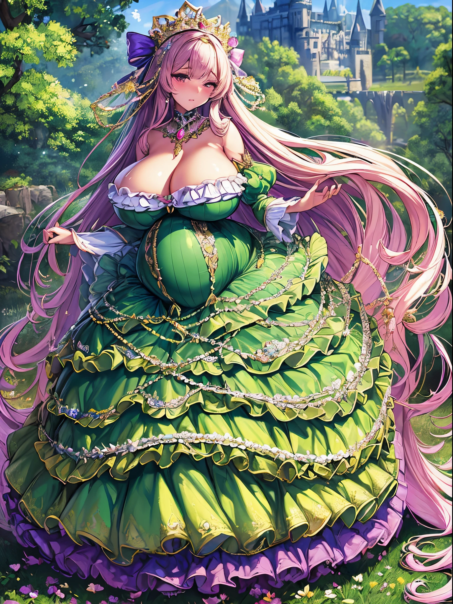 ultra-detailed, extremely detailed,((anime artstyle)),Masterpiece,(Best Quality),(Super Detail),(Very Delicate and Beautiful),((Solo)),(((full body))),full body,((detailed face and eyes)),perfect eyes, rendered eyes,jewel-like beautiful eyes,cry,((embarrassed,blush)),((1 pregnant princess in beautiful embroidery and jeweled gorgeous rococo ballgown with frilled voluminous full length hoop skirt)),(((heavily pregnant))),((Crinoline)),beautiful embroidery and jeweled gorgeous rococo ballgown with frilled voluminous full length hoop skirt,(large amount of straight hair,extremely voluminous Very Long straight Hair,Absolutely Long Straight Hair),sparkly skin,(((very gigantic boobs,skindentation))),Bursting breasts,cleavage,((fantasy castle,outdoors,outside the castle)),long_gloves,extremely gorgeousfull jeweled hair ornament,(bling-bling extremely gorgeousfull jeweled tiara),(luxurious jewelry),full body,beautiful embroidery and jeweled gorgeous rococo ballgown with frilled voluminous full length hoop skirt