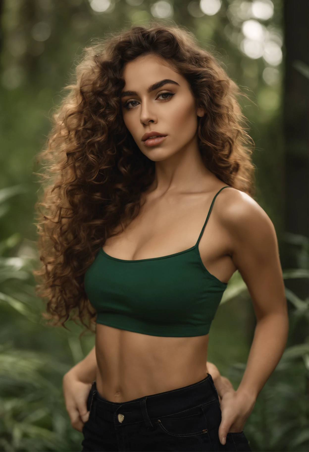 (realista)A woman with long curly brown hair and a green T-shirt, Ava Max, Her hair is curly brown, with long curly brown hair, Perfect girl with curly brown hair , Curly Chestnut Goddess, long brown curly hair, Angelawhite, with curly brown hair, Curly Brown, Yelena Belova, Belleza asombrosa, brown curly hair, full curly brown, with long curly brown hair, Cara sexy,cuerpo completo