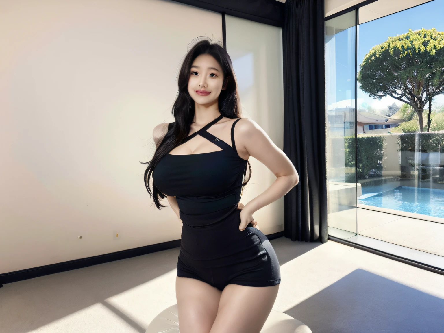 there is a woman standing in a room with a tree, her belly is fat and round, she has a jiggly fat round belly, wearing a camisole and shorts, thicc, large thighs, she is wearing a black tank top, skinny waist and thick hips, with backdrop of natural light, thick thighs, a portrait of a plump woman