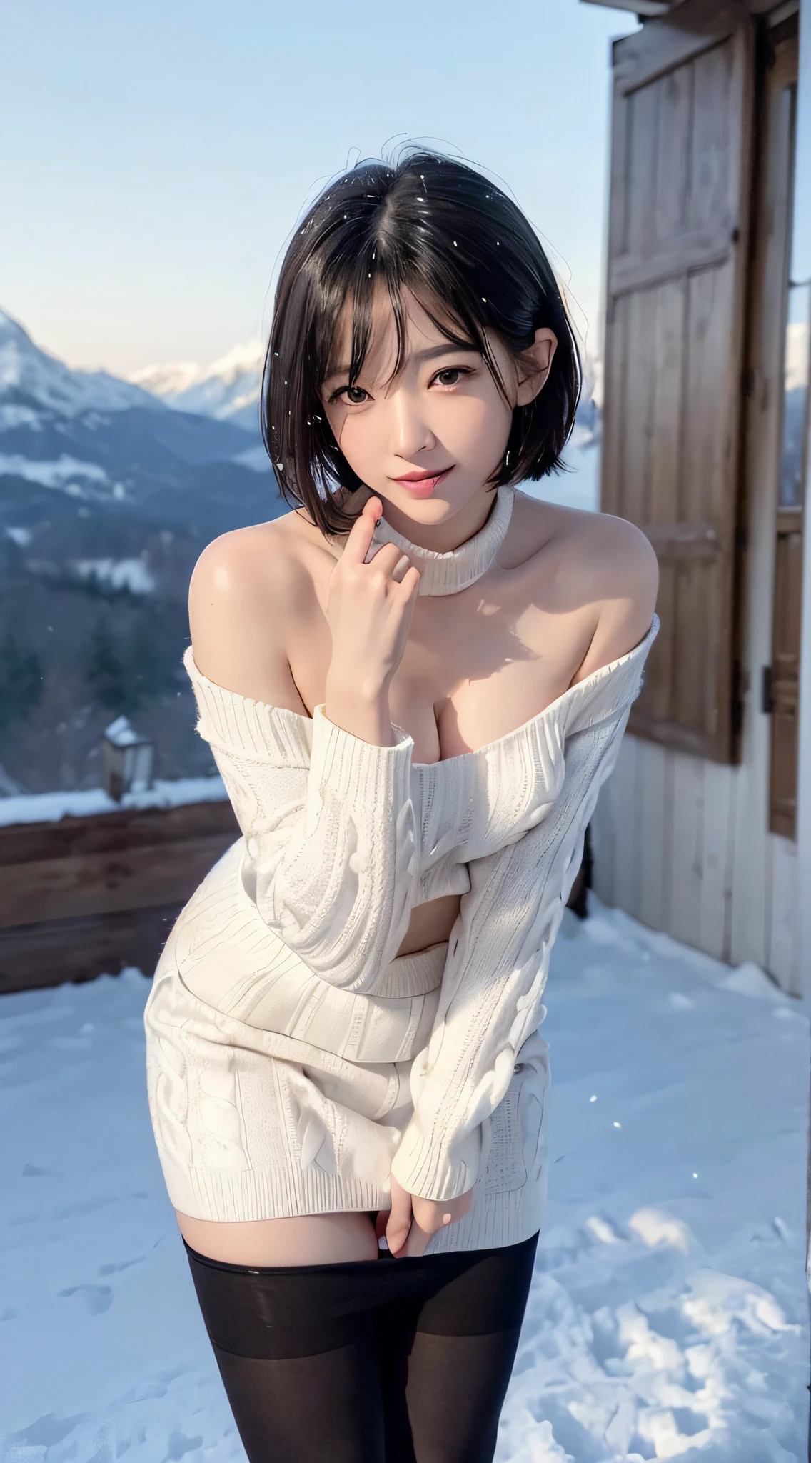 (a closeup:1.4)、(Raw photography:1.2)、(Photorealsitic:1.4)、(masterpiece:1.3)、(top-quality:1.4)、dream-like、(A detailed eye)、(detailed facial features)、(detailed clothes features)、Clear skin、(shinny skin)、(Slender and beautiful girl)、(Beautiful leg lines)、one girls、(FULL BODYSHOT)、独奏、cute little、Happy smiling face、(huge-breasted)、beauty breast、(cleavage of the breast)、(erectile nipple:1.2)、bangss、(a short bob:1.2)、(loose white wool sweater、off shoulders、Tight mini skirt、Black thick pantyhose、Snow boots:1.3)、Raise both hands、Panties are visible、obscenity、erotick、(snow mountains、snowscape:1.3)、Snow flickers、bokeh dof、