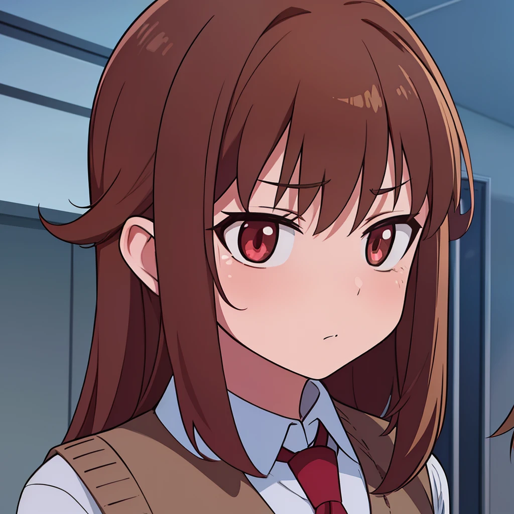 hiquality, tmasterpiece (one girls) brown-hair. brown eye. calm face. Beige vest. white  shirt. red tie. Against the background of the school corridor.