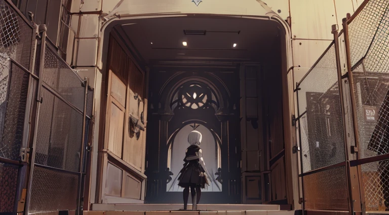 anime scene of a person standing in front of a building, NieR Automata 2b stills, NieR Automata spaceship style, Screenshot of Nier Automata, Neil 2b, Nier Automata concept art style, nier automata concept art, nier automata, nier automata, Neil : Inspired by automata, Neil:Inspired by automata