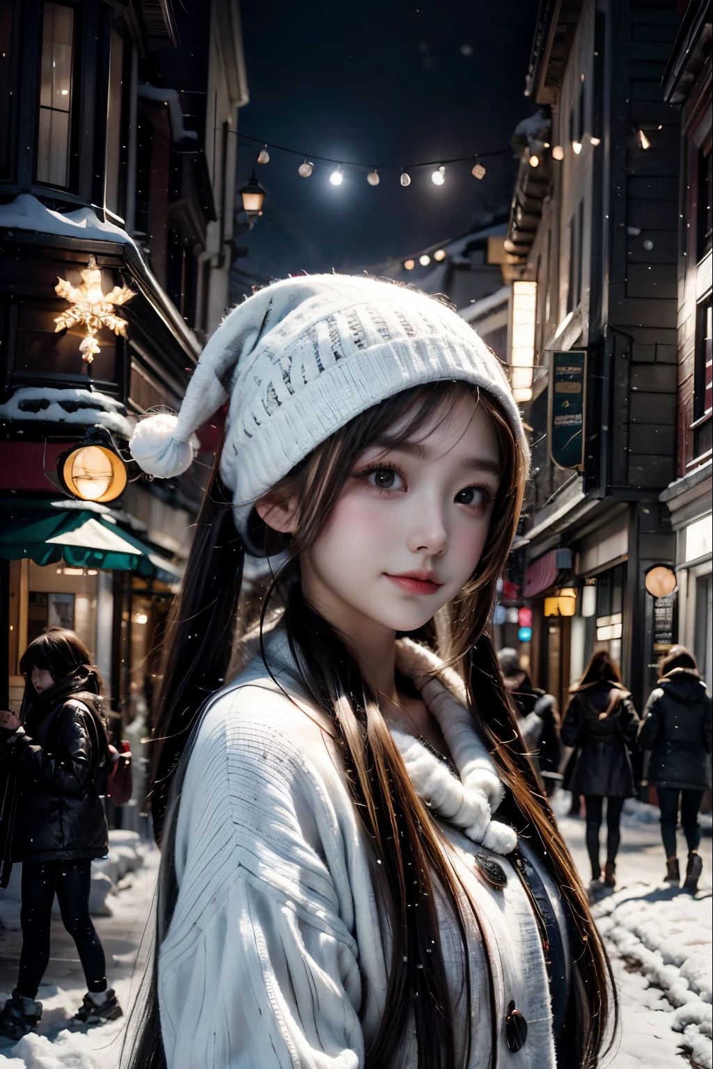 1 girl , christmas, snowing, street view.