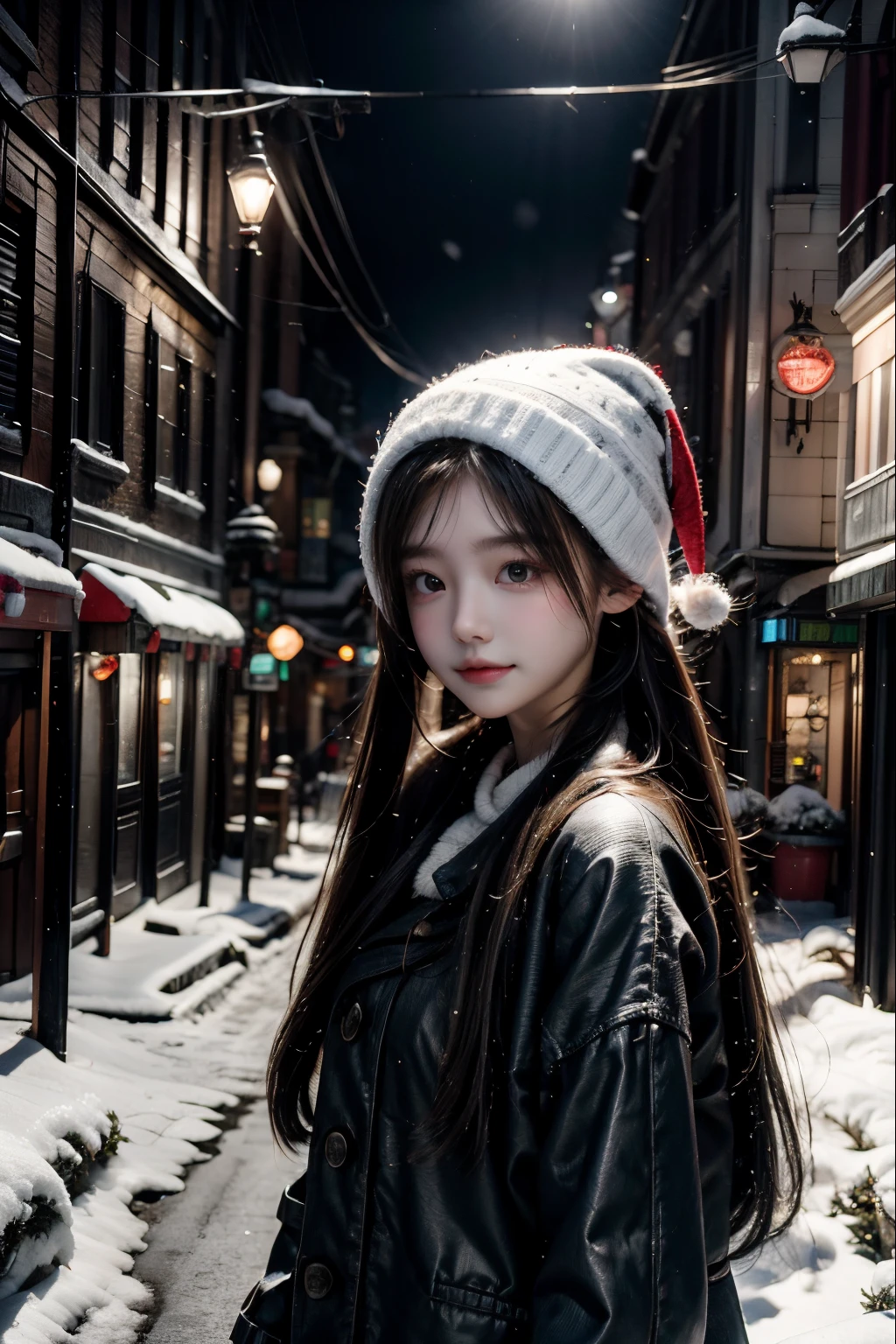 1 girl , christmas, snowing, street view.