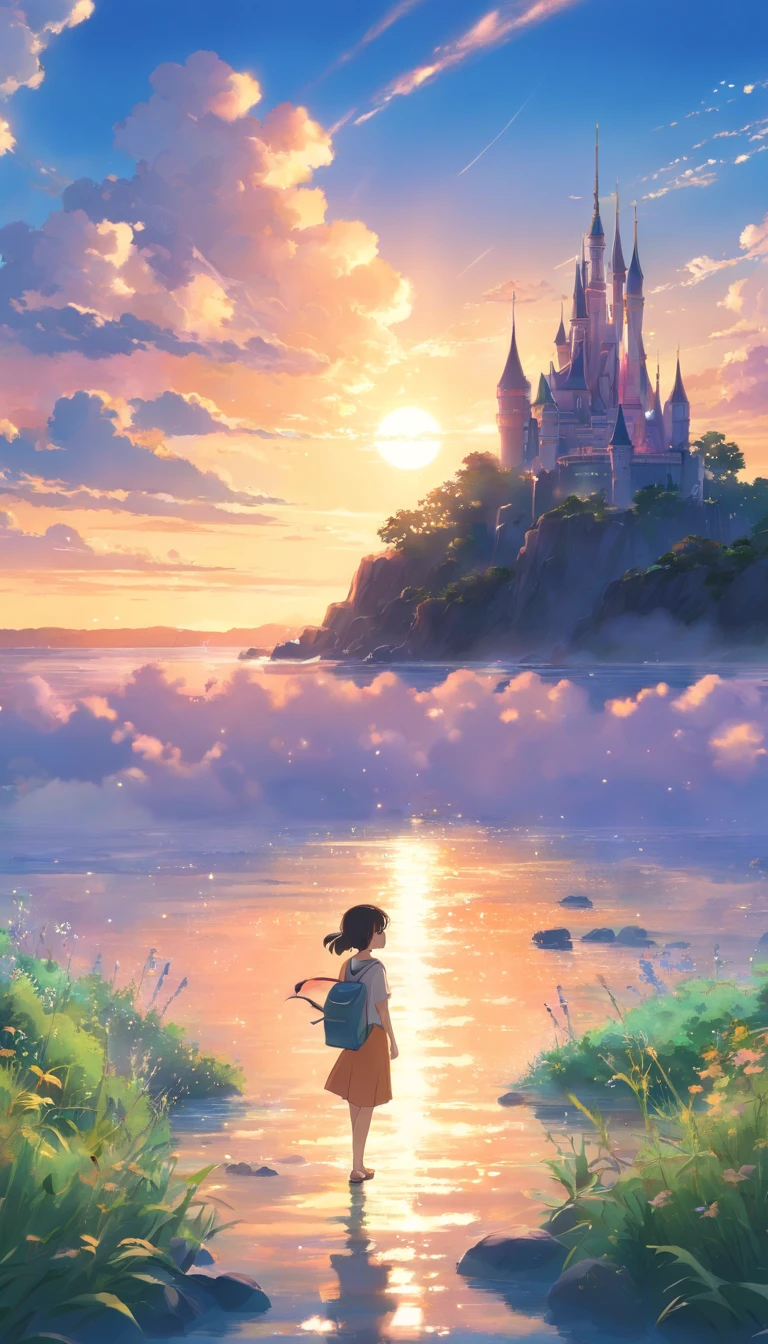 The castle floats in the sky,clouds,bright,vale,cheerful,Warm and soft lighting,the sunset,(spark of light:0.7), tmasterpiece,Best quality,cinematic Film still from,
