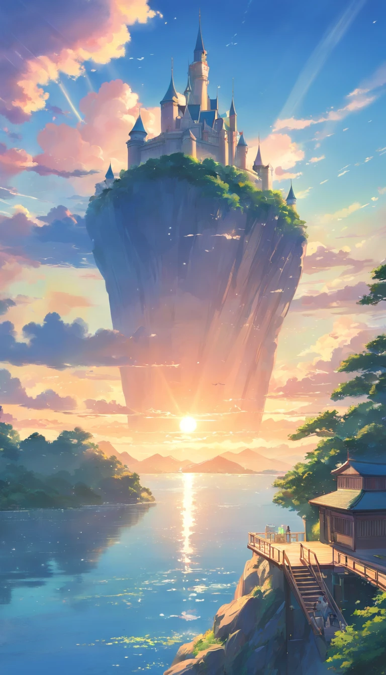 The castle floats in the sky，​​clouds，bright，vale，cheerful，Warm and soft lighting，the sunset，（spark of light：0.7）， tmasterpiece，Best quality，cinematic Film still from，