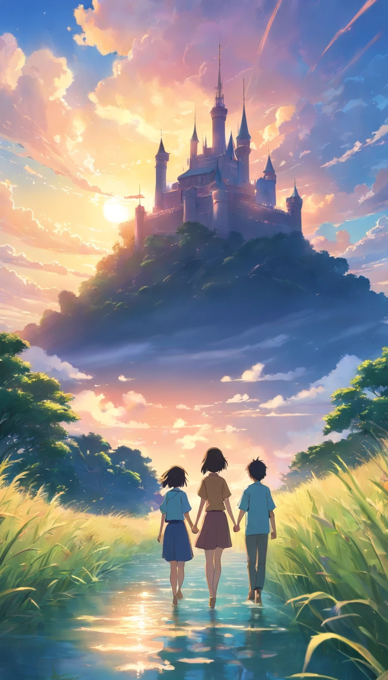 The castle floats in the sky，​​clouds，bright，vale，cheerful，Warm and soft lighting，the sunset，（spark of light：0.7）， tmasterpiece，Best quality，cinematic Film still from，