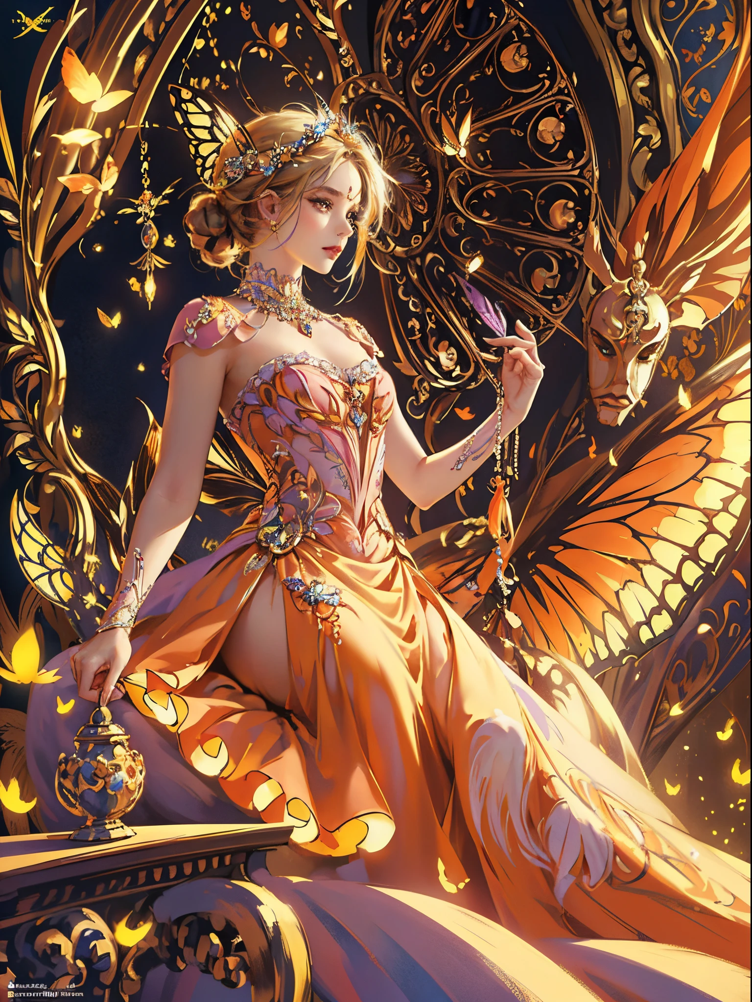 Butterfly motif、orange undertone、Vibrant colors、((​masterpiece)))、(((top-quality)))、((ultra-detailliert))、(A hyper-realistic)、(highly detailed CGillustration）、Official art、Vienna at the beginning of the 20th century、Decadent、Madame Papillon、Cool Beauty、Masquerade、refinement、Elegance、Gorgeous、Colorful and detailed mask design、matchless beauty、Fans、gorgeous dress、jewely、Female Solo、Perfect Angle、perfect-composition