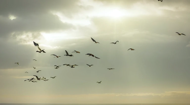 There are many birds flying in the sky above the ocean, Birds fly in the sun, birds on sky, Birds fly away, bird on sky, Birds flying in the distance, birds flying, Birds fly away from the explosion, Flock of Birds, Birds flying in the distance, birds in flight, Birds flying in the distance, Still from a nature documentary, Birds overhead