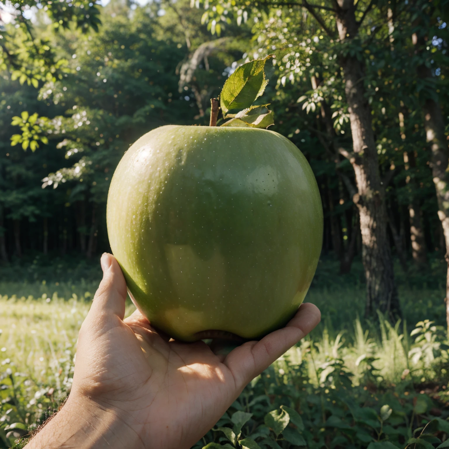 A green apple and a blurred forest background