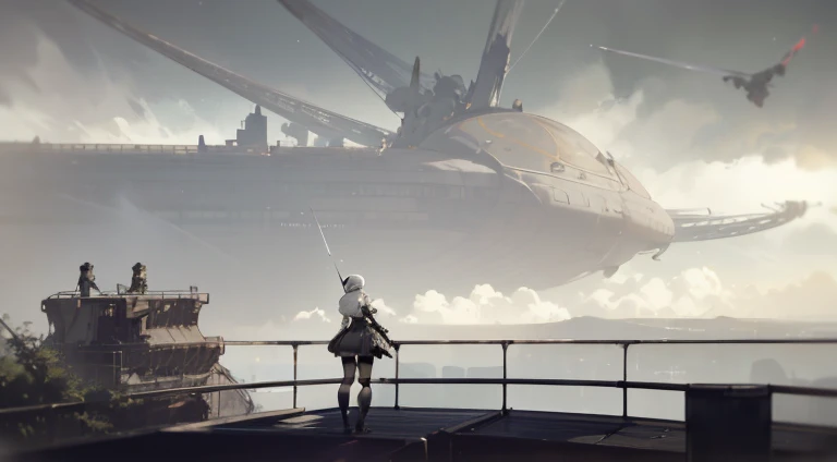 Anime scene of a woman standing on the balcony holding a sword, NieR Automata 2b stills, Screenshot of Nier Automata, Neil 2b, NieR Automata spaceship style, nier automata, 2b nier automata, Neil:automaton, Neil:Inspired by automata, Neil : Inspired by automata, Neil&#39;s inspiration, Neil