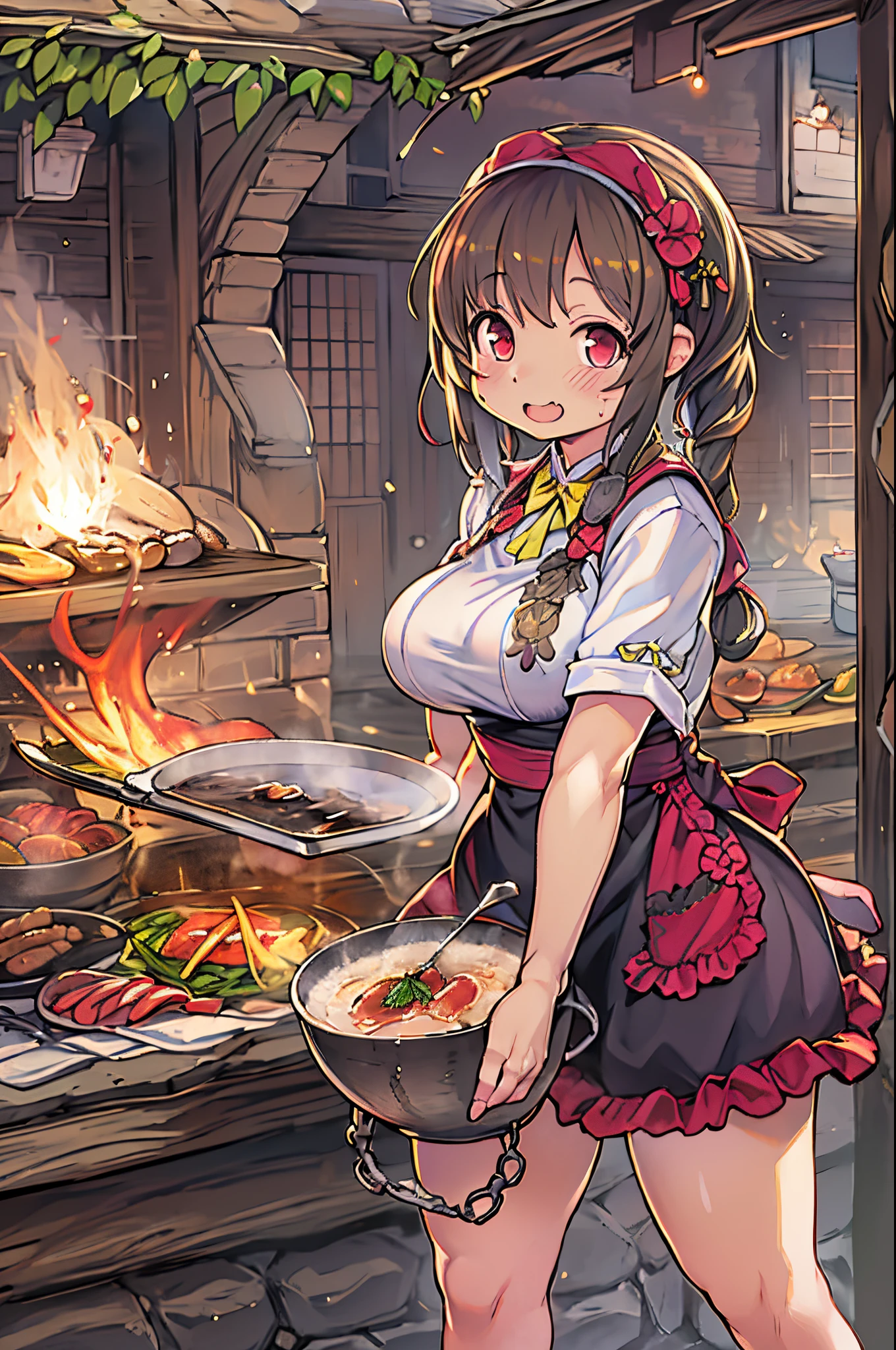 (nsfw, nude, naked, 1girl, solo) , yunyun, crown braid, hair ornament, hair bow, brown hair, red eyes, nipple、　, cooking,　large breasts、 flooding、 Abandoned amusement park、 fire、 heavy snowfall、 frozen、 file, crying、 whole body