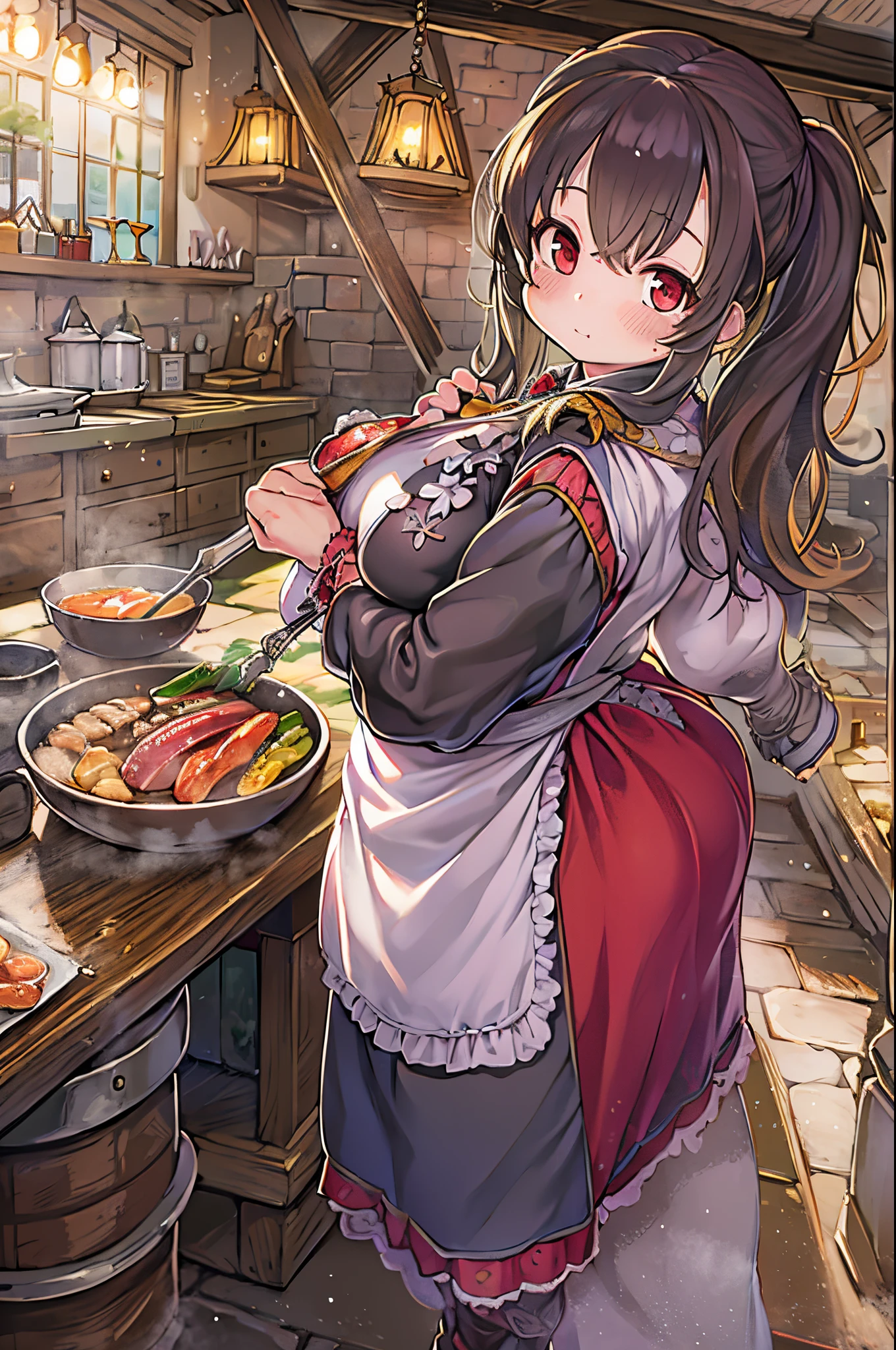 WRC style, Woman, lewd pose, The appearance of a seductive appearance, Apron, kitchin, medieval setting、bbw、grill yakiniku