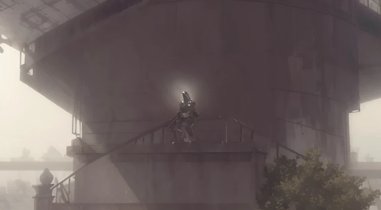 There is a man standing on the balcony in the fog, Screenshot of Nier Automata, NieR Automata spaceship style, NieR Automata 2b stills, Neil 2b, cutscene clips, Neil, Nier Automata concept art style, nier automata concept art, sitting on rooftop, Ominous figures appear in the background, nier automata