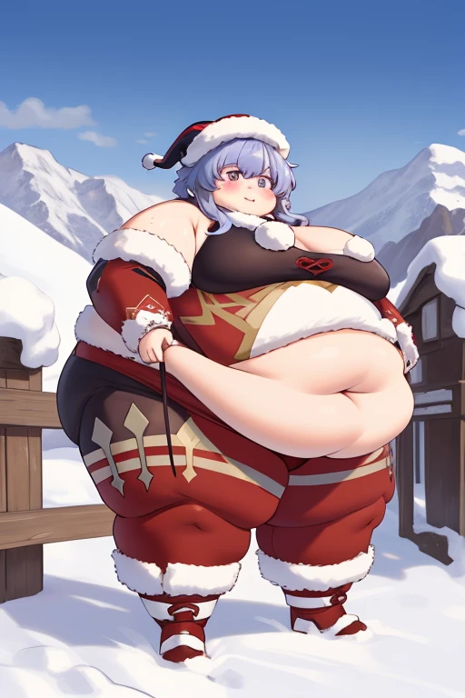 ((Masterpiece)), USSBBW ganyu \(genshin impact\), ganyudef, outdoors, mountains, purple eyes, christmas style, immobile, Obese belly, Extra Big Obese thick Thighs, Big Fat Butt, Chunky Big Arms, Medium Breasts, visible navel, cute, big cheeks,