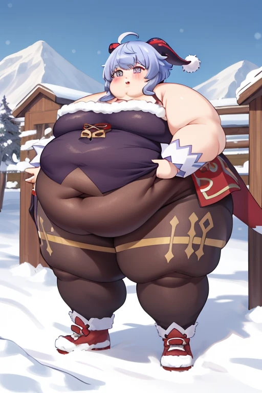((Masterpiece)), USSBBW ganyu \(genshin impact\), ganyudef, outdoors, mountains, purple eyes, christmas style, immobile, Obese belly, Extra Big Obese thick Thighs, Big Fat Butt, Chunky Big Arms, Medium Breasts, visible navel, cute, big cheeks,