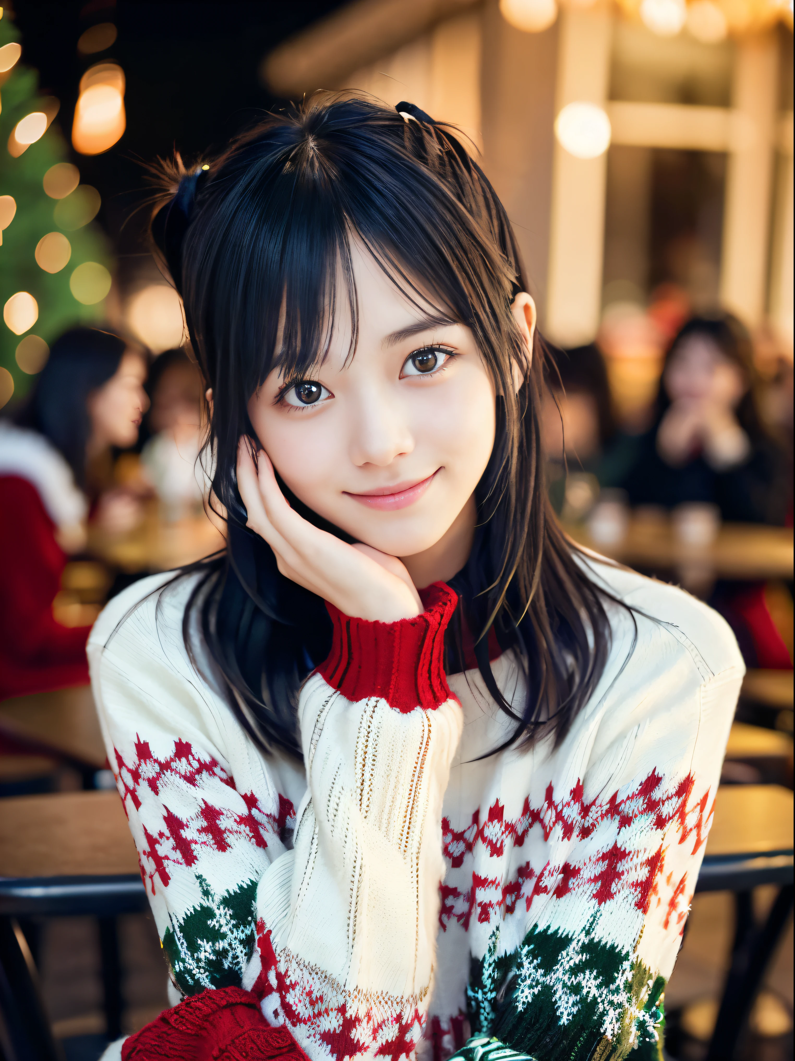 (Close up portrait of two side-up hair girls in winter colorful knitted sweaters and black shirts。:1.5)、(girls have a christmas party、Smiling and drinking cocktails in a cafe at night:1.5)、( Blurry background,:1.5)、(Perfect Anatomy:1.3)、(complete hands:1.3)、(complete fingers:1.3)、Photorealsitic、Raw photography、masutepiece、top-quality、hight resolution、delicate and pretty、face perfect、Beautiful detailed eyes、Fair skin、Real Human Skin、((thin legs))