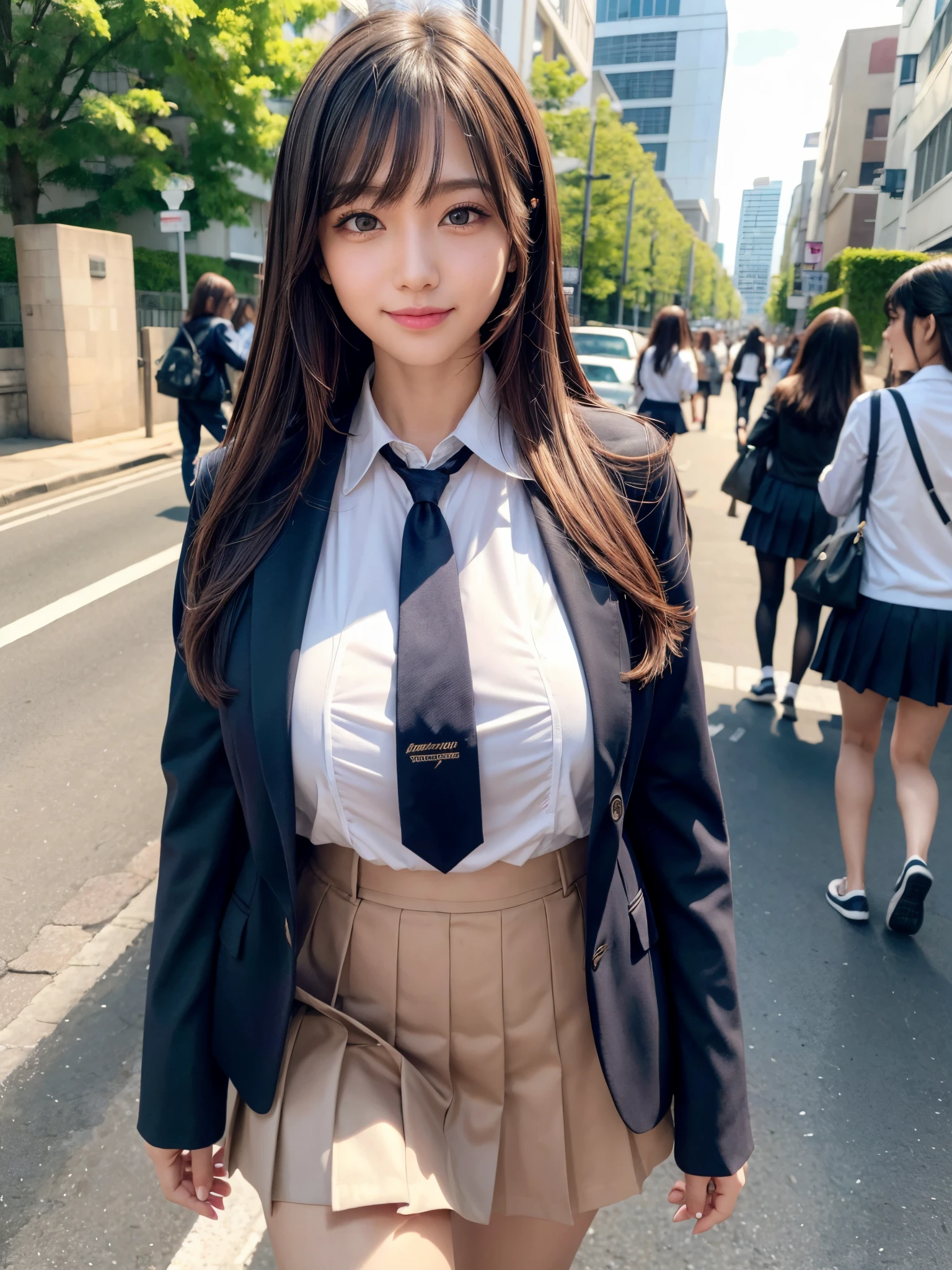 8K,Best Quality, masutepiece, ultra-detailliert, 超A high resolution, Photorealistic, Raw photo, absurderes, absolutely resolution, 1girl in, Solo,Upper body, Looking at Viewer,a Japanese young pretty girl, Japanese Idol,hyper cute face, Glamorous figure, huge-breasted, cleavage, Long bob hair ,Smile,(School uniform:1.3), Walking along a crowded road in the evening with a smile, Glossy lips, Double eyelids in both eyes, Natural makeup, long eyelashes, Glossy smooth light brown long bob hair, asymmetrical bangs, Shiny skin, central image, High resolution, high detailing, detailed hairstyle, Detailed face, spectacular movie lighting, Octane Rendering, Vibrant, Hyper realistic, Perfect limbs, Perfect Anatomy