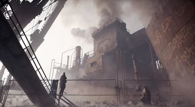 Arafa people in the factory,Smoke, Cinema industrial lighting, factory background, industrial scifi, cutscene clips, industrial setting, octane highly detailed movies, Atmospheric establishing shot, Detailed cinematic footage, industrial setting, Detailed and tough, detailed cinematic rendering, game footage, foggy dystopian world, unreal-engine. retro film still, dystopian environment