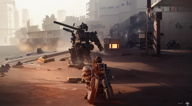 there is a robot that is standing on a platform with a gun, NieR Automata spaceship style, Armored Core V on the ground, Armored Core V, NieR Automata 2b stills, Armored Core V, Screenshot of Nier Automata, soldiers and mech fight, Neil 2b, Abandoned mecha in the background, Metal Gear Solid rises：vengeful