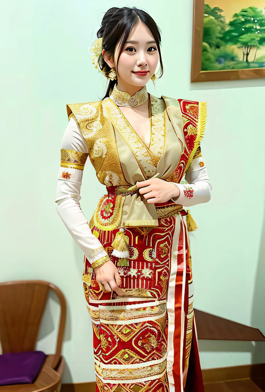 a woman in a traditional dress poses for a picture, traditional dress, sukhothai costume, traditional beauty, traditional, very beautiful enga style, traditional clothes, wearing an elegant tribal outfit, traditional clothing, traditional tai costume, south east asian with long, wearing traditional garb, traditional costume, wearing an ornate outfit, in style of lam manh, idian dress
