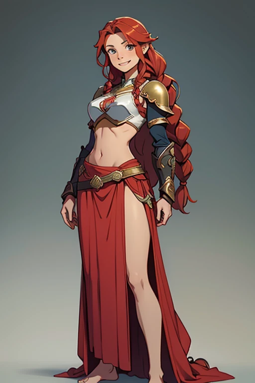 A beautiful, young, visibly barefoot fantasy warrior woman, wearing an armor top with a long skirt, bare midriff, with wavy red hair in one asymmetrical braid, standing, smiling.