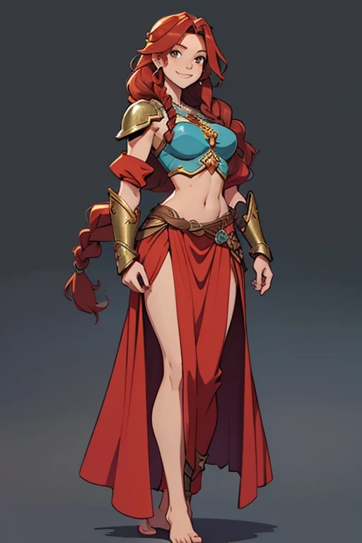 A beautiful, young, visibly barefoot fantasy warrior woman, wearing an armor top  with a long skirt, bare midriff, with wavy red hair in one asymmetrical braid, standing, smiling.