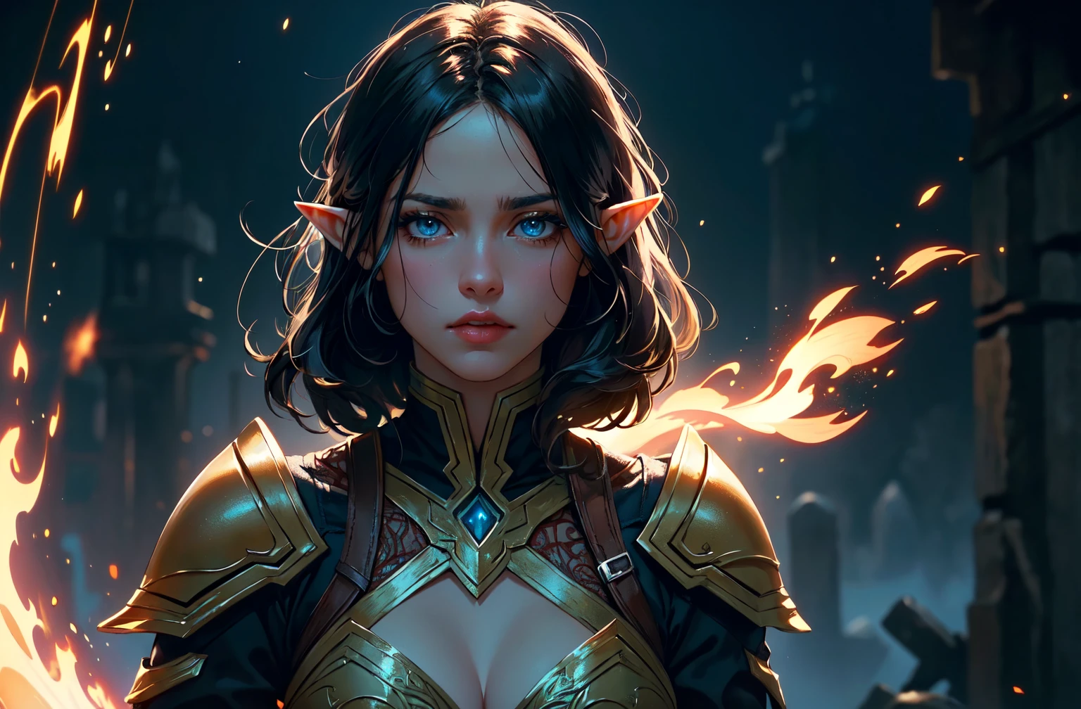 ((masterpiece)),(best quality), ((mature)) beautiful 1woman elf ranger, ((cinematic)), dynamic:1.2, intricate ((closed realistic)) armor, particles:1.2, (pastel:1.2), (black hair), (intricate cinematic background:1.2), (depth of field), (emotional face), fantasy, thriller, (Action movie), amazing, Powerful, Mysterious, ((dramatic scene from movie))