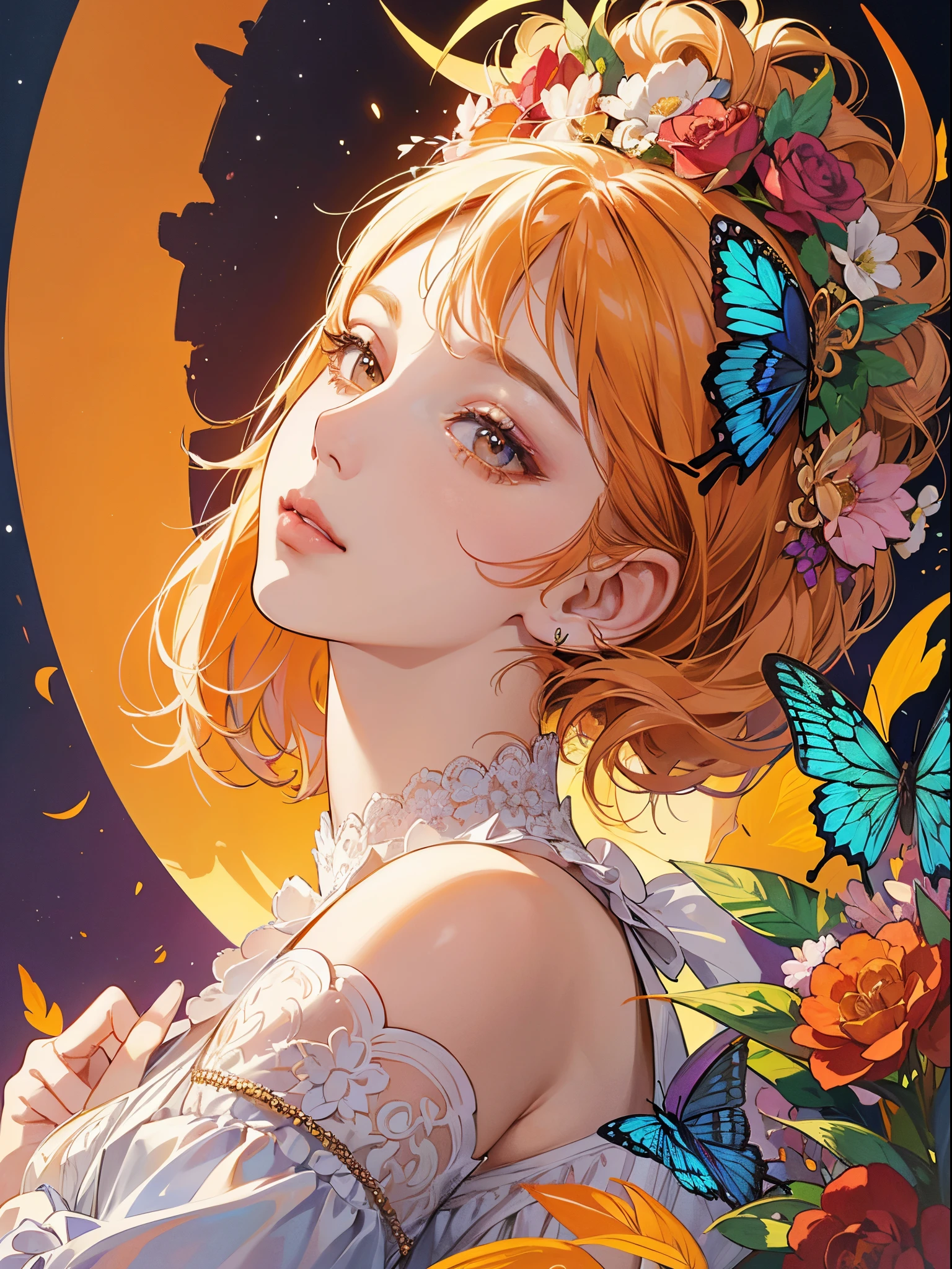 Butterfly motif、orange undertone、Vibrant colors、((masterpiece)))、(((top-quality)))、((ultra-detailliert))、(A hyper-realistic)、(highly detailed CGillustration)、Official art、Vienna at the beginning of the 20th century、Decadent、Madame Papillon、Cool Beauty、Masquerade、refinement、Elegance、Gorgeous、Colorful and detailed mask design、matchless beauty、Fans、gorgeous dress、jewely、Female Solo、Perfect Angle、perfect-composition、Face close-up