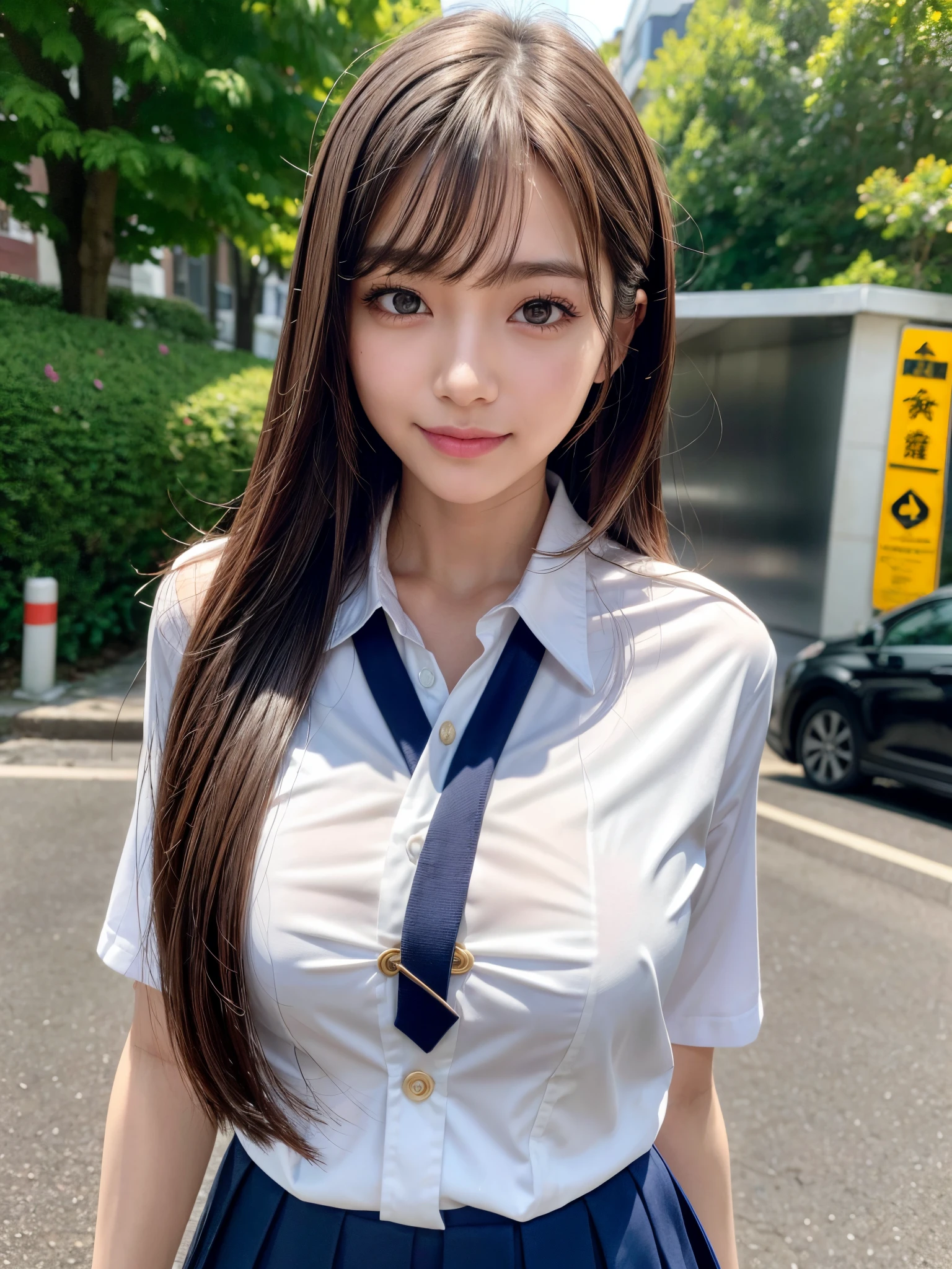 8K,Best Quality, masutepiece, ultra-detailliert, 超A high resolution, Photorealistic, Raw photo, absurderes, absolutely resolution, 1girl in, Solo,Upper body, Looking at Viewer,a Japanese young pretty girl, Japanese Idol,hyper cute face, Glamorous figure, huge-breasted, cleavage, Long bob hair ,Smile,(School uniform:1.3), Walking along a crowded road in the evening with a smile, Glossy lips, Double eyelids in both eyes, Natural makeup, long eyelashes, Glossy smooth light brown long bob hair, asymmetrical bangs, Shiny skin, central image, High resolution, high detailing, detailed hairstyle, Detailed face, spectacular movie lighting, Octane Rendering, Vibrant, Hyper realistic, Perfect limbs, Perfect Anatomy