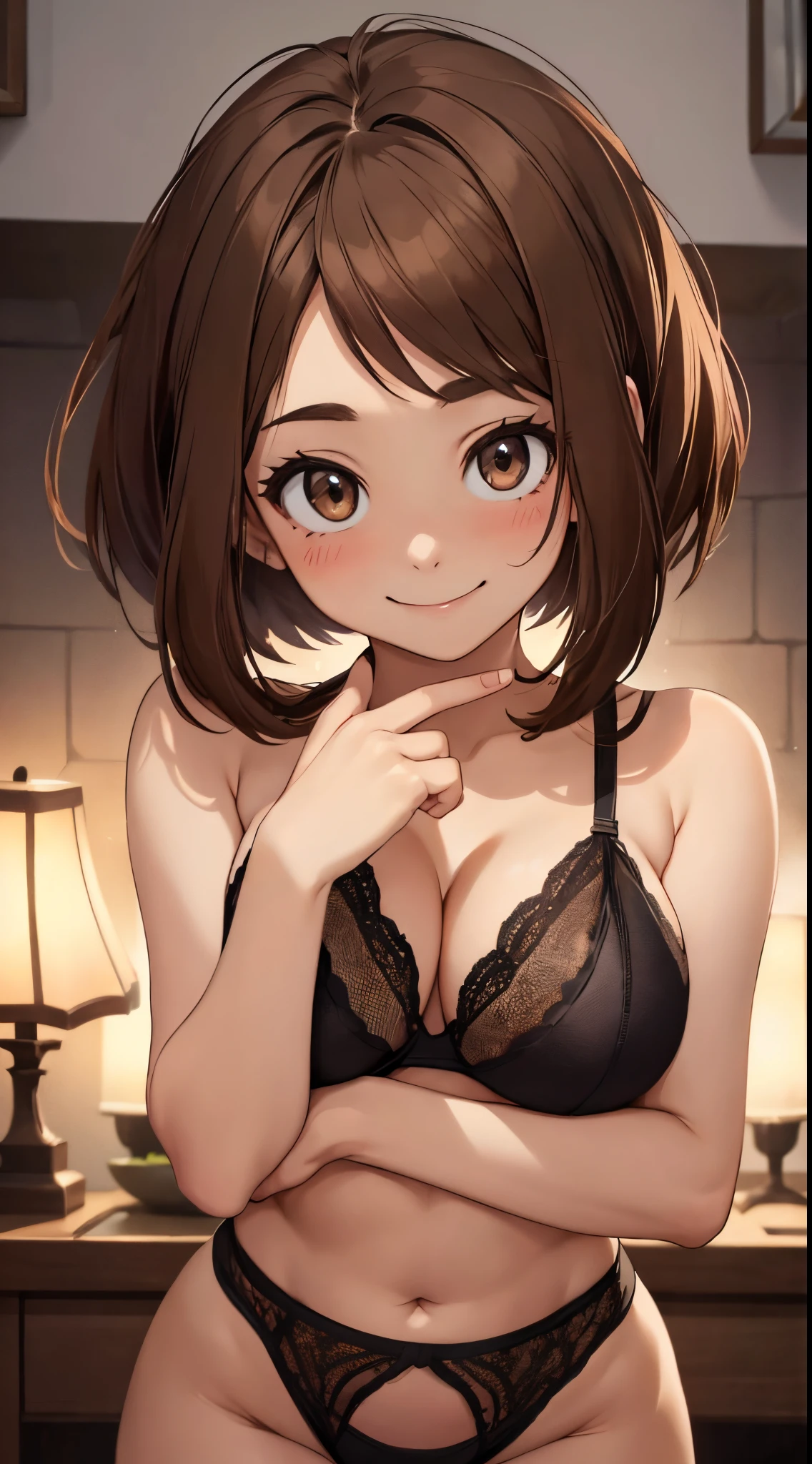 high definition, 8K, detailed face, grabbing her breast, showing her breast, Ochako Uraraka from My Hero Academia, Deep brown eyes, (((light black lingerie)), spa, ((large breasts)), slim and thin, body of equal proportions, ((focus on her breast)), front view, four fingers and 1 thumb, ((2 hands)), Brown hair, Beautiful smile, Smiling at viewer, blushing cheeks,