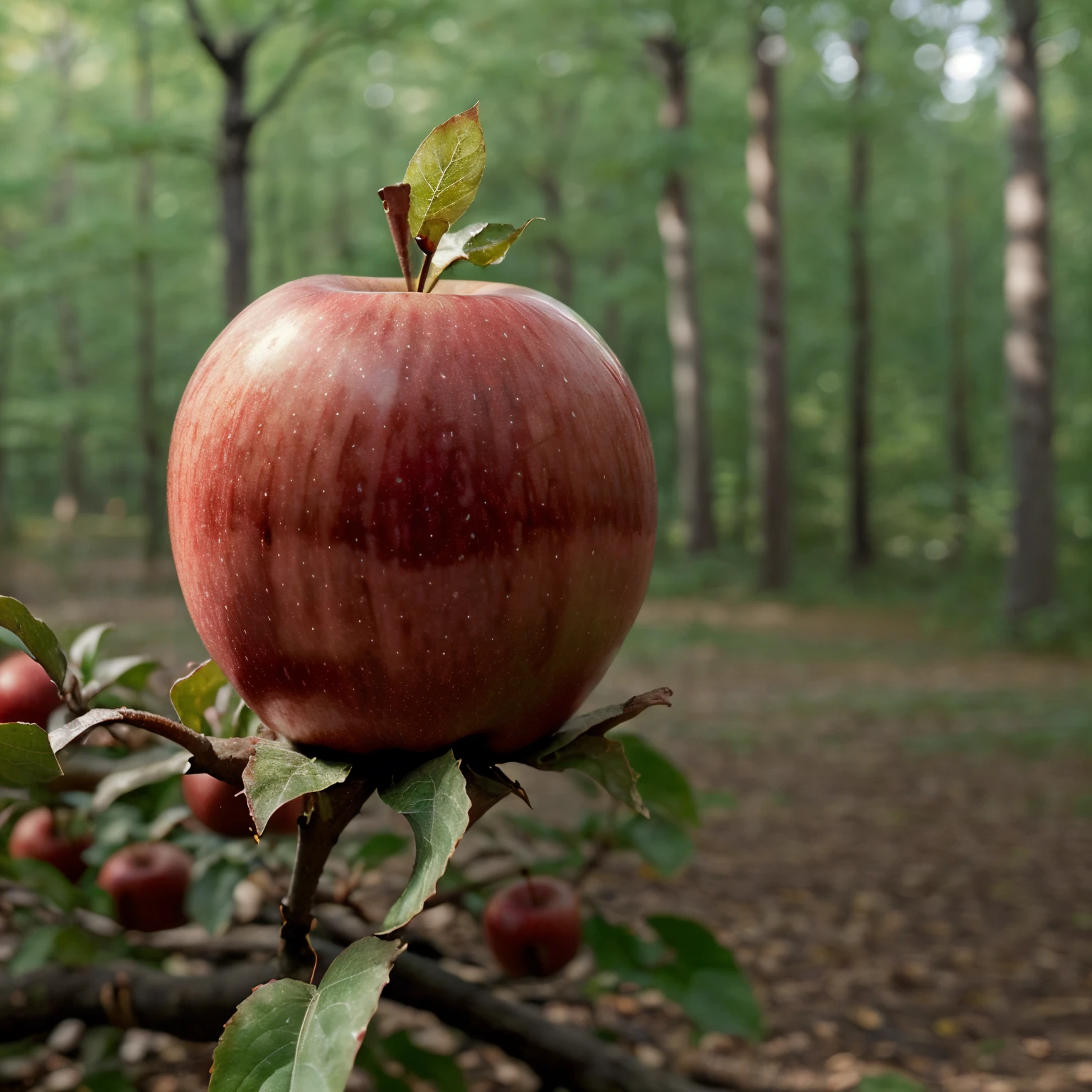 A red apple on a blurred forest background