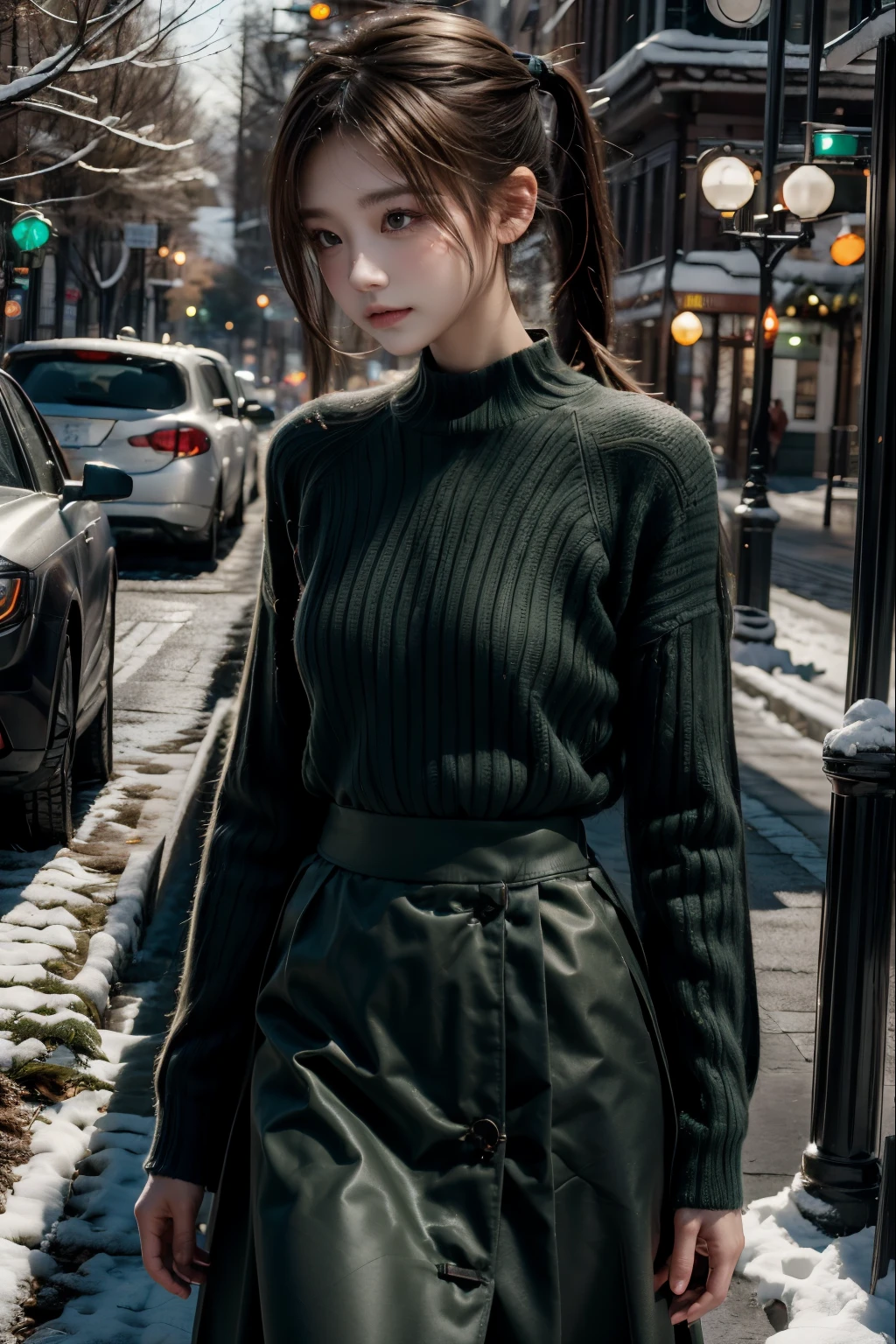 1 girl , short pony tail,  green shirt, brown long skirt , christmas, snowing, street view.