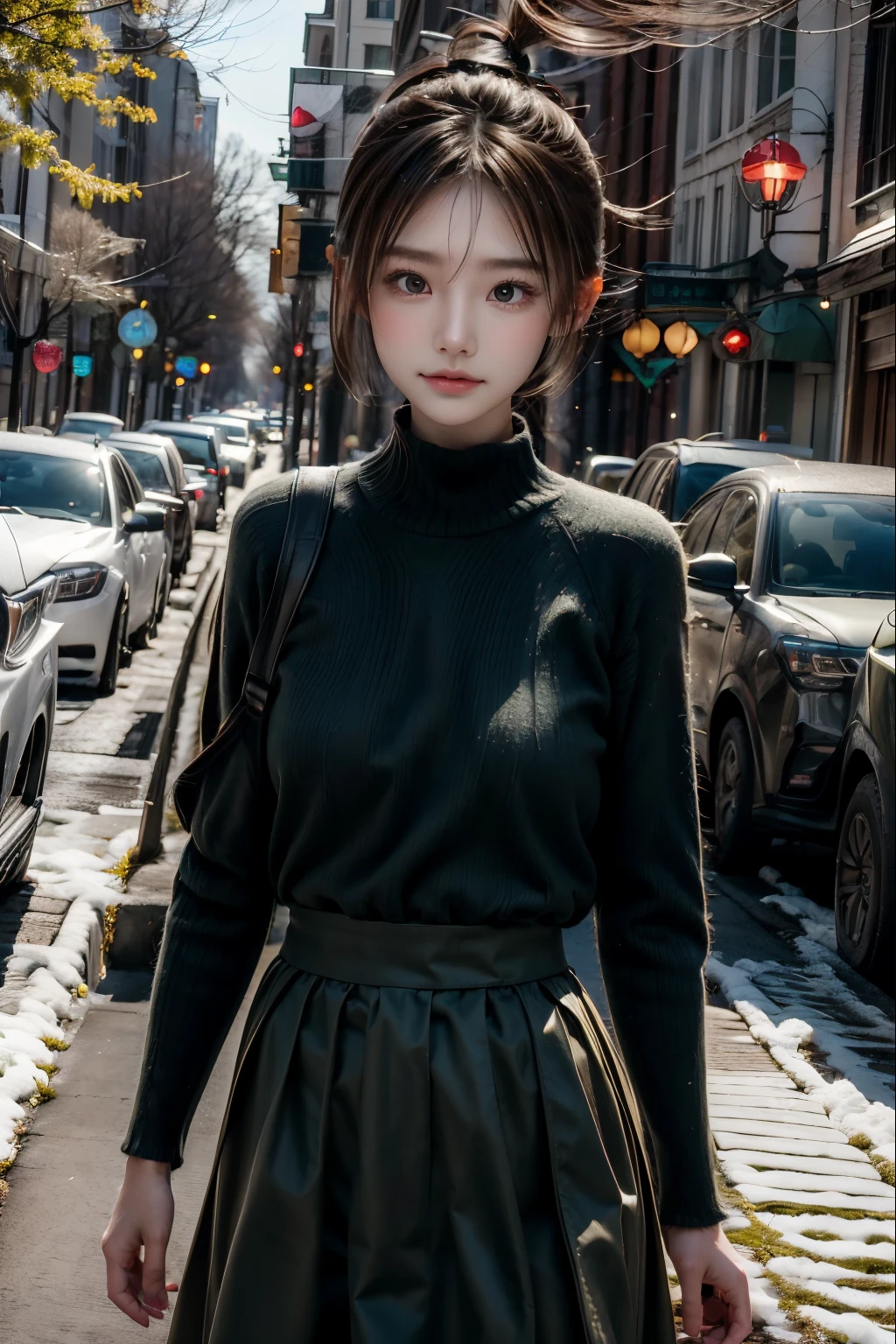 1 girl , short pony tail, green shirt, brown long skirt , christmas, snowing, street view.