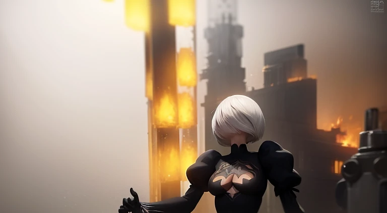Anime scene of a woman in a black dress standing in front of a fire, NieR Automata 2b stills, Neil 2b, 2b nier automata, Screenshots from the 2012 animation, nier automata, Neil:automaton, Screenshot of the animated movie, Today’s recommended anime is still, 2b, 2b