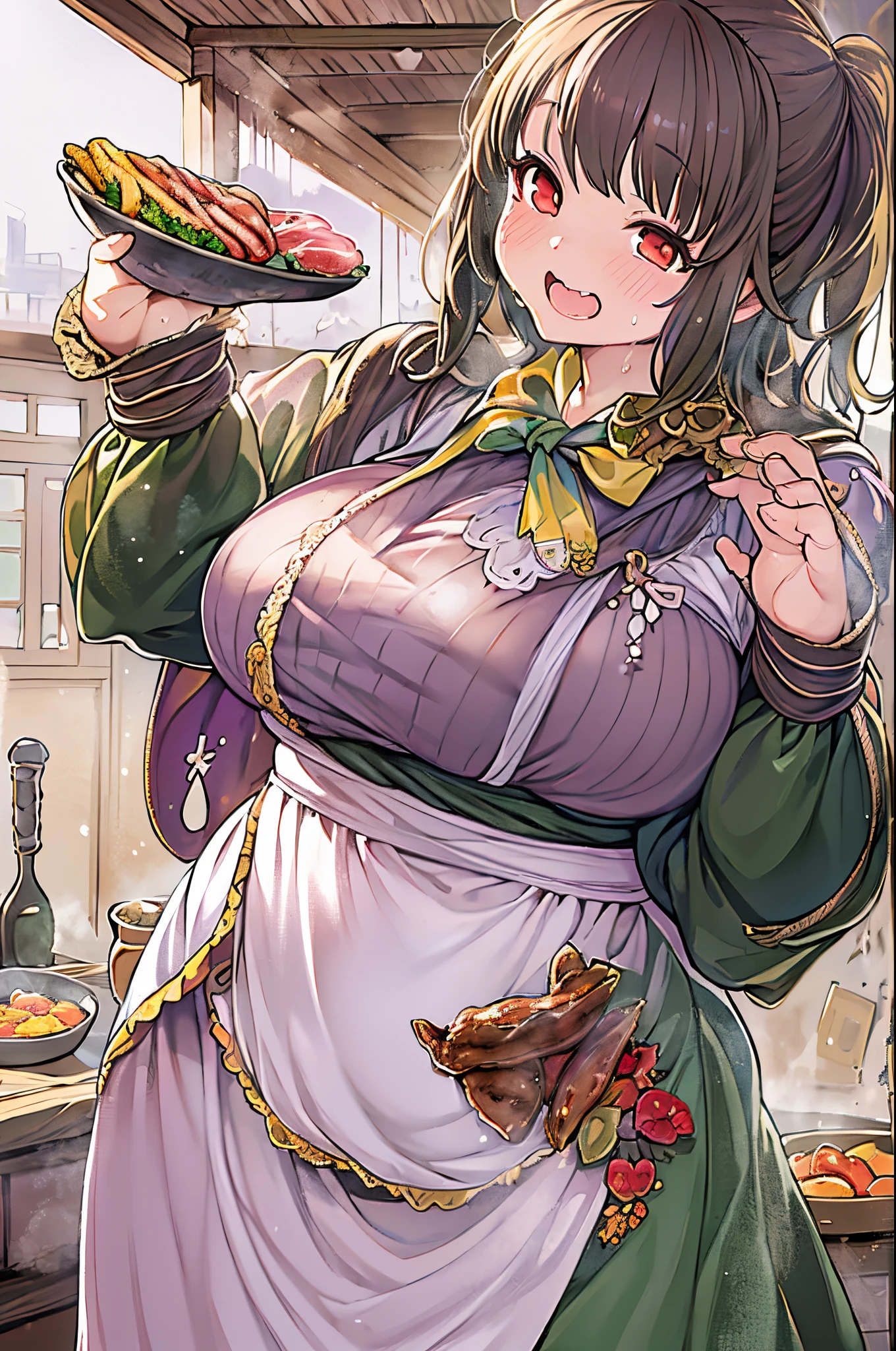 WRC style, Woman, lewd pose, The appearance of a seductive appearance, Apron, kitchin, medieval setting、bbw、grill yakiniku、Grilling meat、Flesh