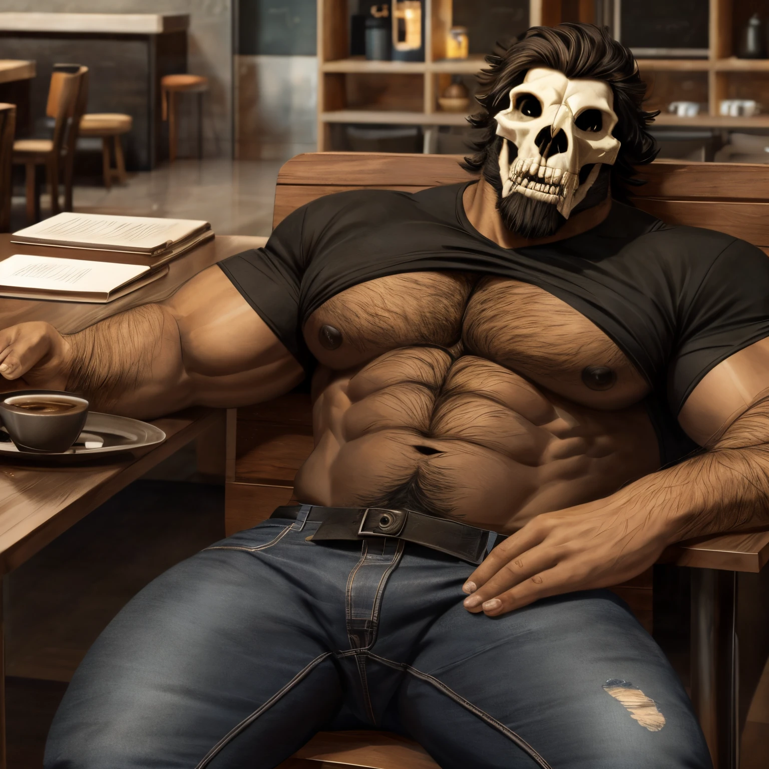 skull dog hairy muscular, muy alto con mucho pelaje negro, corpulento con pelo negro y cuernos, con una camisa negra ajustada y jeans ajustados, lying on a small brown chair in a coffee shop