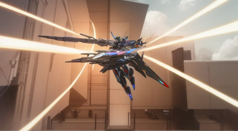 there is a robot that is flying through the air, anime bullet vfx, Screenshots from the 2012 animation, zone of enders, zone of enders, anime machine gun fire, mech wings, Screenshot of the animated movie, anime large mecha robot, Black color mecha, Armored Core V, anime movie screenshot, modern mecha anime