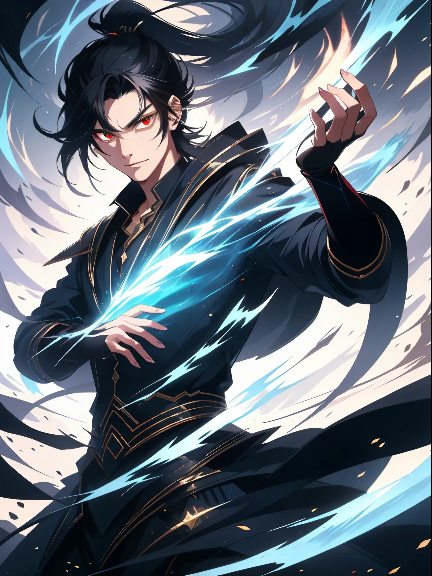 a painting that represents the nature of magic in his world，Black hair with high ponytail，The red-eyed protagonist has a mysterious black mark on his neck，Immerse yourself in a barrage of magical energy，Normal hands，Glowing particles dance around him，Mysterious symbols formed in the sky， tmasterpiece， Best quality at best， ultra - detailed， lamplight， 8k resolution concept art， Fantasyart， epic art， 4K concept art wallpaper，deep colour，natural  lightting，swirls of magic，