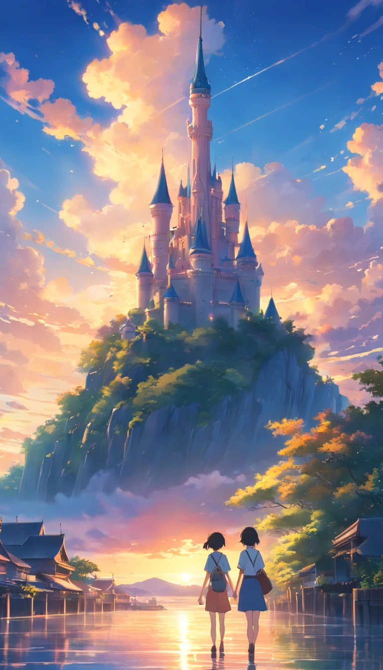 The castle floats in the sky,No one,clouds,satellite angle,bright,vale,cheerful,Warm and soft lighting,the sunset,(spark of light:0.7), tmasterpiece,Best quality,cinematic Film still from,