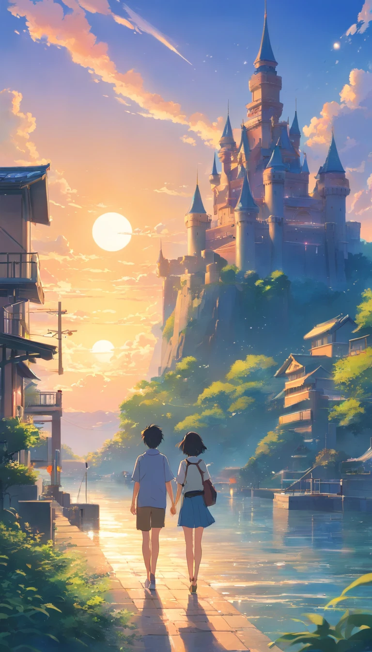The castle floats in the sky,No one,clouds,satellite angle,bright,vale,cheerful,Warm and soft lighting,the sunset,(spark of light:0.7), tmasterpiece,Best quality,cinematic Film still from,