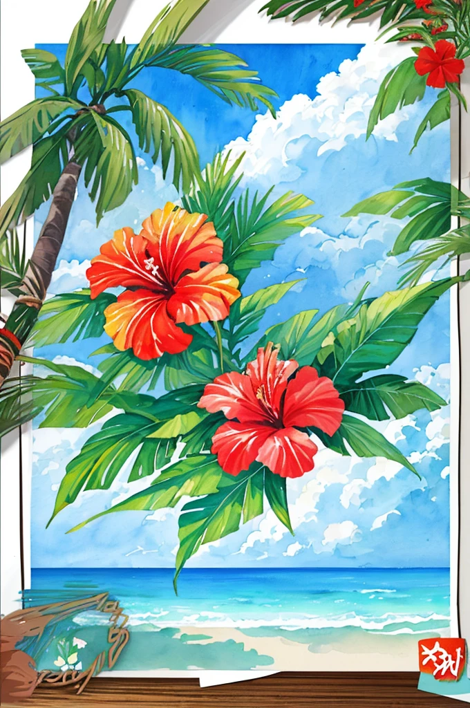 Palm trees、hibiscus watercolor paiting Bright color scheme