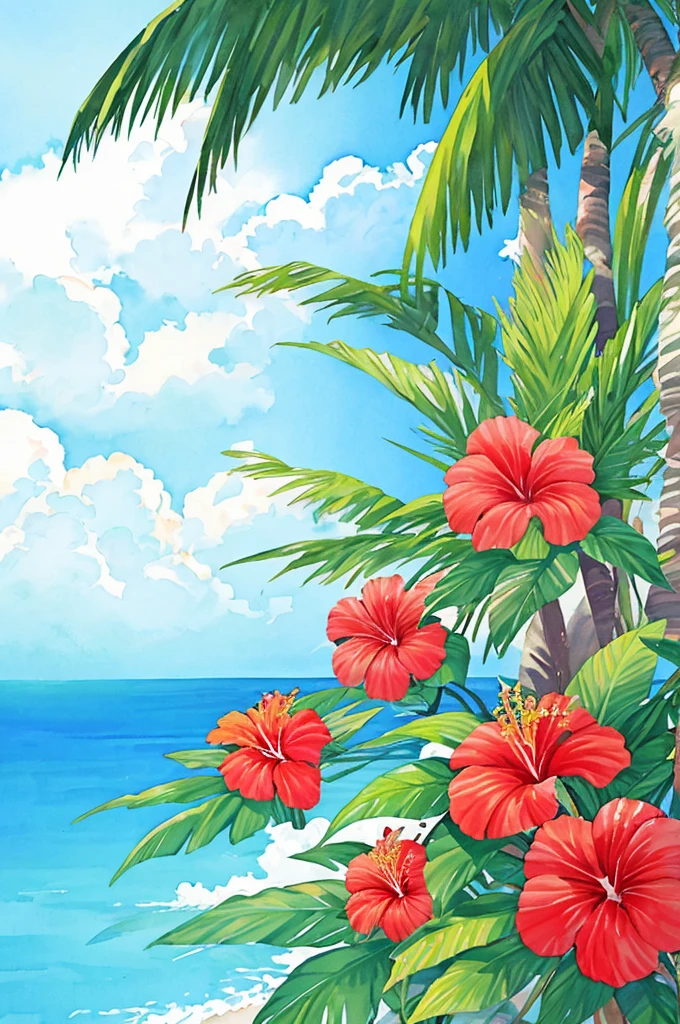 Palm trees、hibiscus　watercolor paiting　Bright color scheme