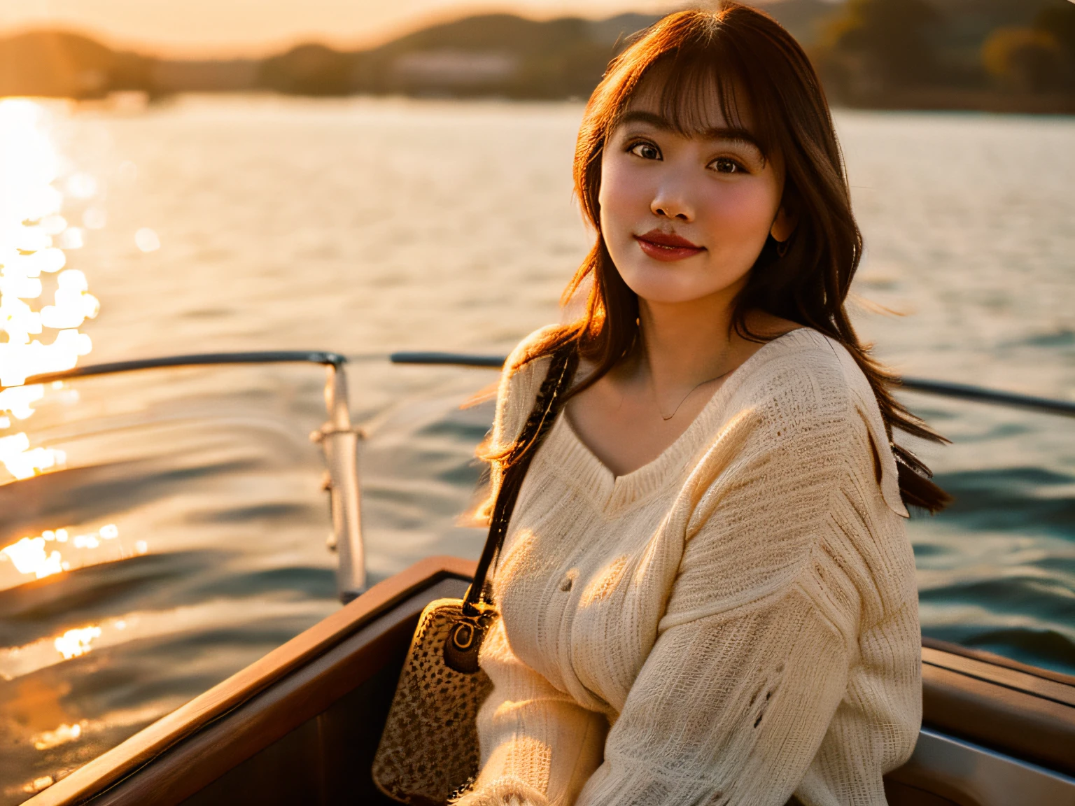 there is a woman sitting on a boat with a purse, on a boat, on a boat on a lake, at golden hour, a young asian woman, alluring plus sized model, 50mm portrait, shot at golden hour, photo taken with canon 5d, at sunset, golden hour sun, golden hour sunlight, young asian woman, portrait image